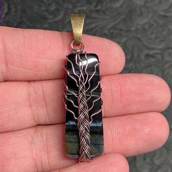 Blue Tigers Hawk Eye Wire Wrapped Tree of Life Pendant Stone Crystal Jewelry - Picture 1 of 7